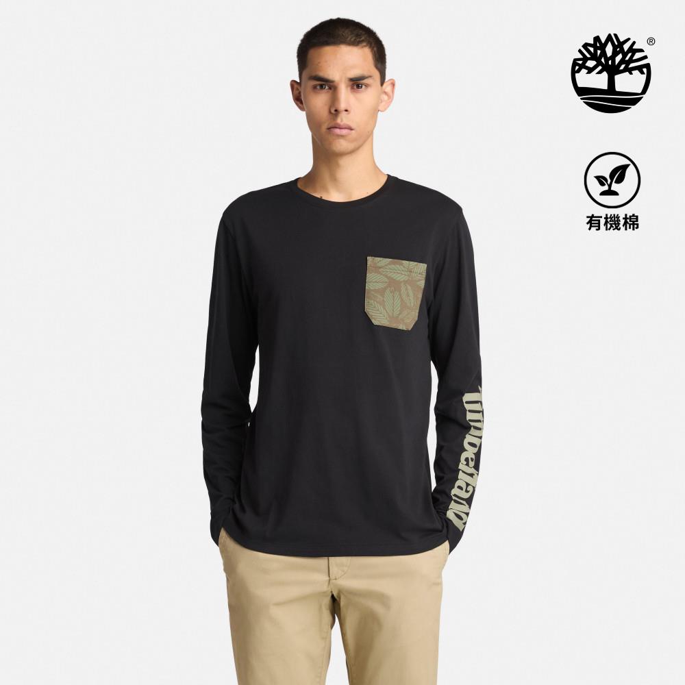 【網路限定】Timberland 男款黑色印花口袋長袖T恤|A6B5R001