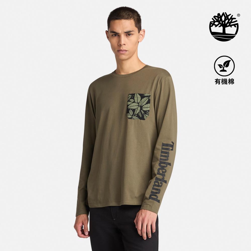 【網路限定】Timberland 男款軍綠色印花口袋長袖T恤|A6B5RA58
