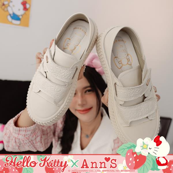 🔥買三送一🔥Ann’S X Sanrio三麗鷗 HELLO KITTY 聯名 經典滿版烙印魔鬼氈可兩穿真皮牛皮厚底休閒鞋4.5cm-白