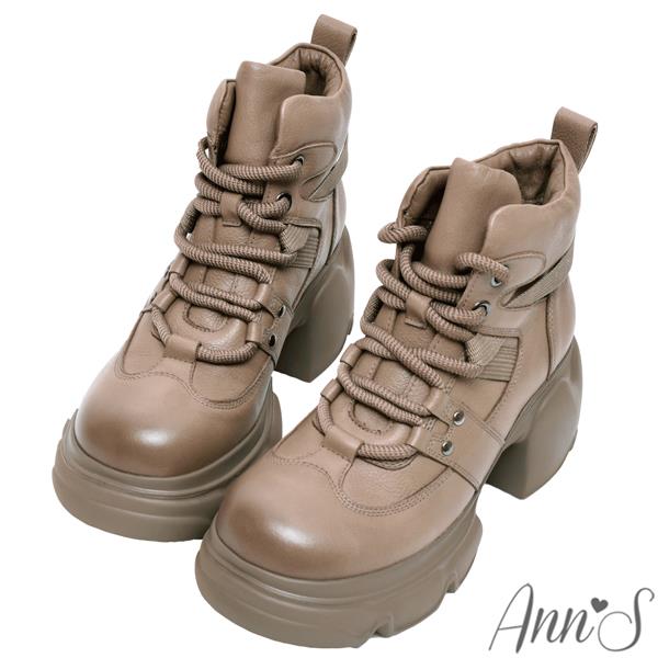 🍀兩雙現折$699🍀Ann’S顯瘦拉提-輕量厚底綁帶真皮牛皮短靴6cm-卡其