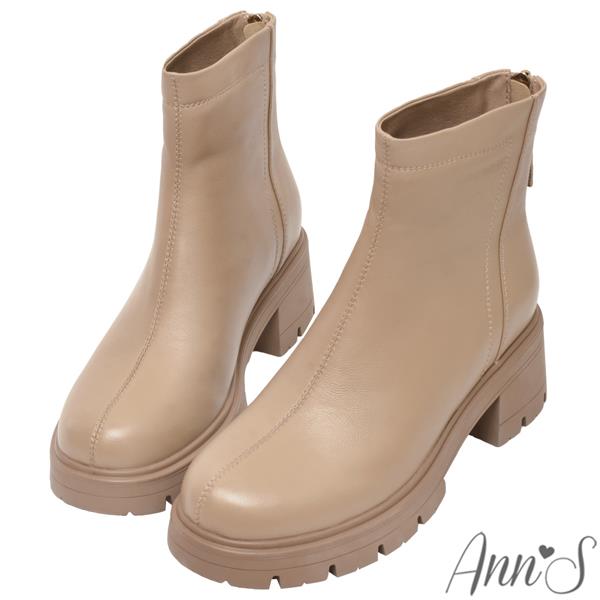 Ann’S耐人尋味-素面高級線羊皮真皮立體雙車粗跟厚底短靴5.5cm-米杏
