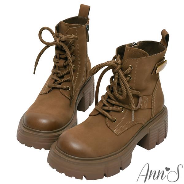 🍀兩雙現折$699🍀Ann’S復古金屬6孔綁帶牛皮真皮厚底圓頭短靴6cm-卡其