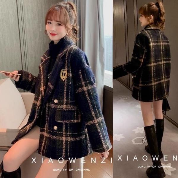 M-XL韓版英倫風格紋厚西裝外套 中長版短大衣-凱西娃娃