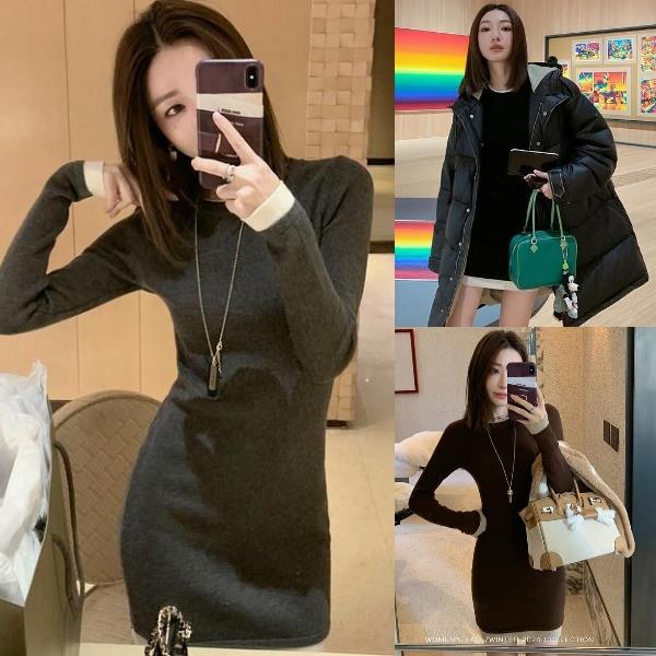 秋冬甜辣風修身顯瘦細坑條羊毛混紡連身裙 長袖洋裝 小個子女裝-凱西娃娃