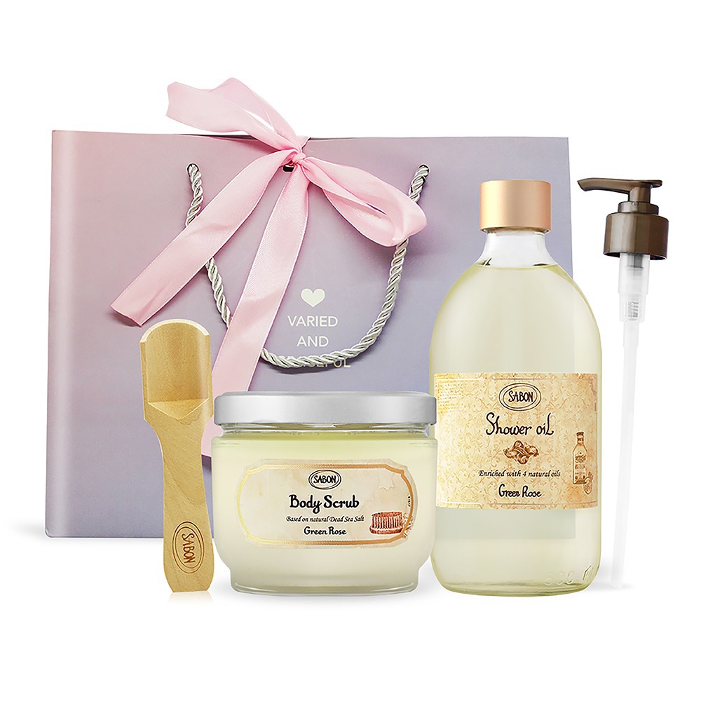 【SABON】以色列綠玫瑰明星二部曲香氛組([沐浴油500ml 磨砂膏600g 壓頭 木勺 提袋]-國際航空版)