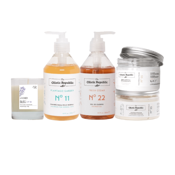 【恬靜時光 | 溫潤花香5入組】 西班牙舒壓車前草洗髮露 護髮膜 沐浴露 身體乳 大豆香氛蠟燭