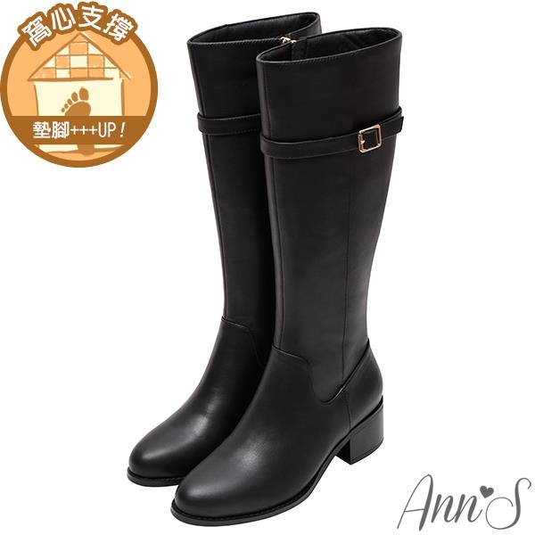 Ann’S米莉小羊皮真皮素面方扣粗跟及膝長靴5cm-黑