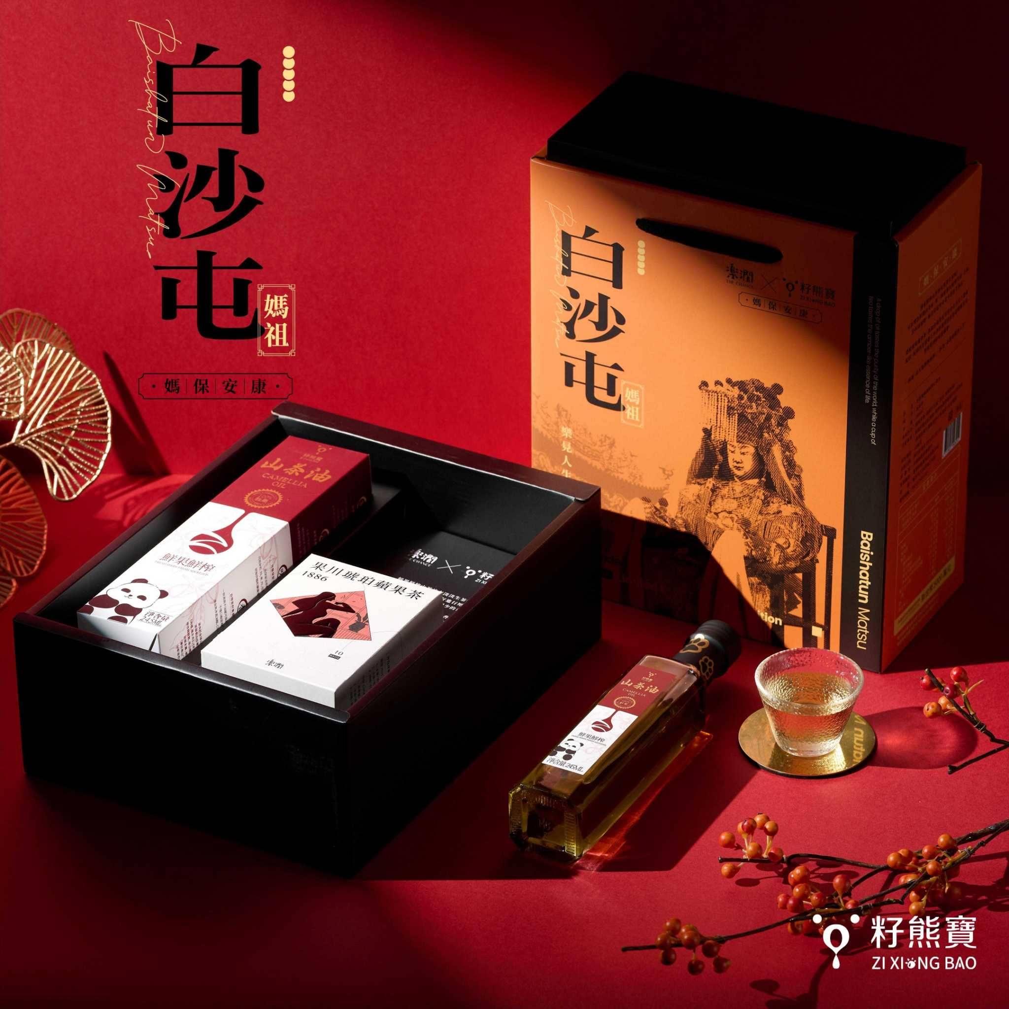 【籽熊寶-宅配】白沙屯媽祖x籽熊寶(媽保安康}(鮮果鮮榨山茶油245ml/瓶 +果川琥珀蘋果茶2g*10包/盒)