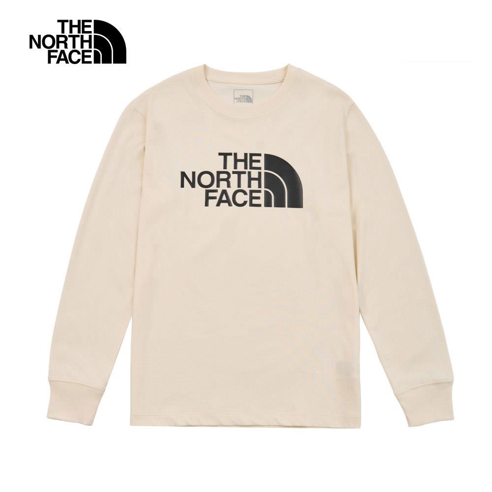 The North Face北面男女款米白色純棉品牌LOGO印花長袖上衣｜8D7RQLI