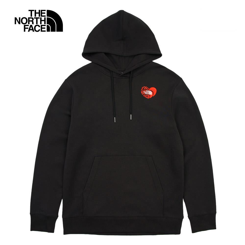 The North Face北面男女款黑色心型刺繡LOGO印花長袖帽T｜8D7SJK3