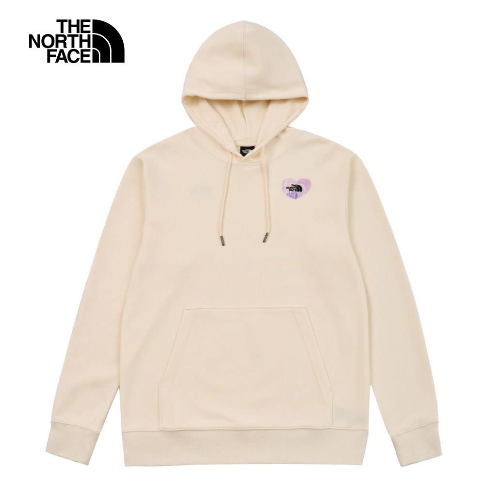 The North Face北面男女款米白色心型刺繡LOGO印花長袖帽T｜8D7SQLI