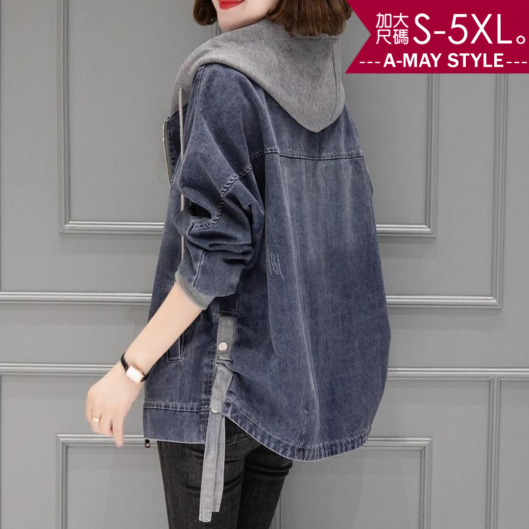 加大碼夾克-連帽刷破側抽繩休閒牛仔外套(S-5XL)【XIS202266】＊艾美時尚(現 預)