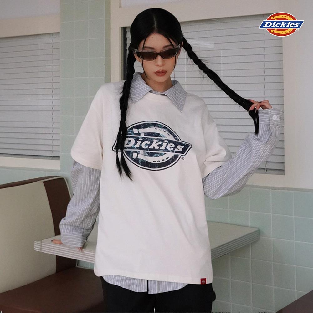 Dickies男女款奶油色純棉胸前紋路圖案Logo印花休閒短袖T恤|DK0A88O4C10
