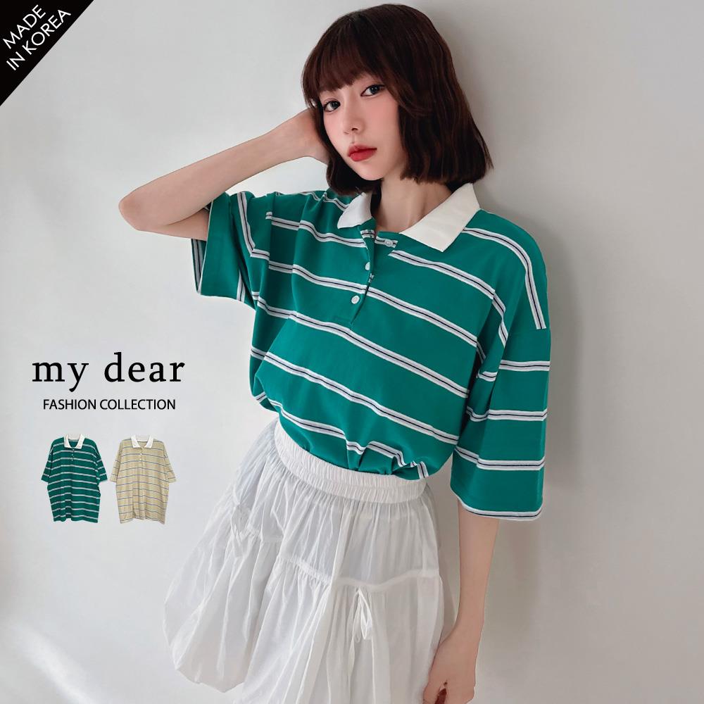 MD韓製79折/現貨/橫紋POLO領寬鬆短袖上衣２色【A01250063】