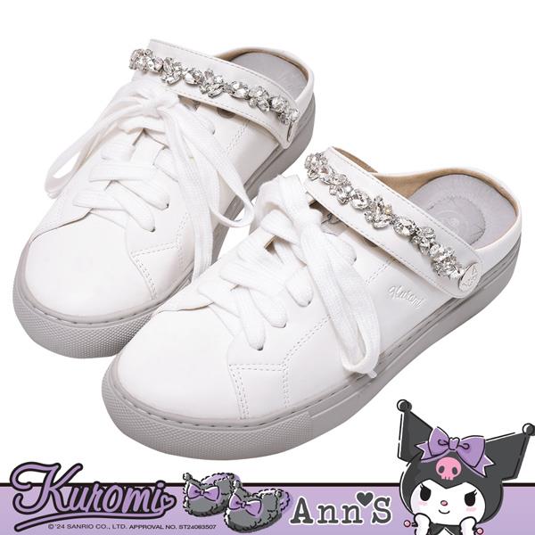 Ann’S X Sanrio三麗鷗 酷洛米聯名 冰心鑽石拉帶可兩穿單色刺繡平底穆勒鞋3cm-白