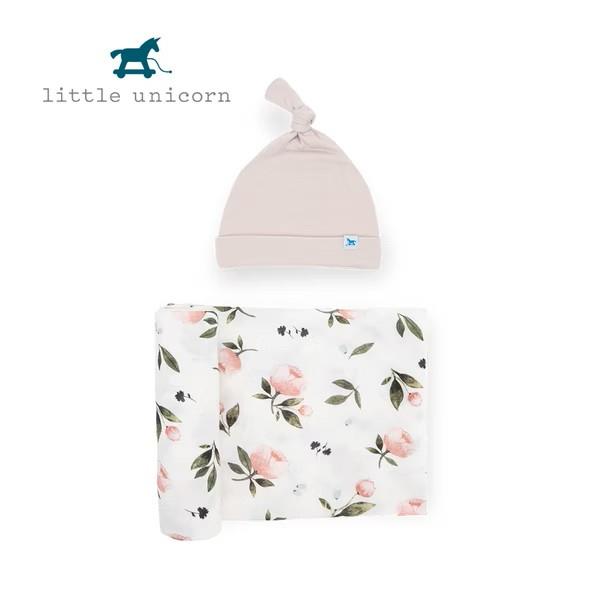 Little Unicorn 絲柔超彈帽子包巾禮盒組 水彩玫瑰