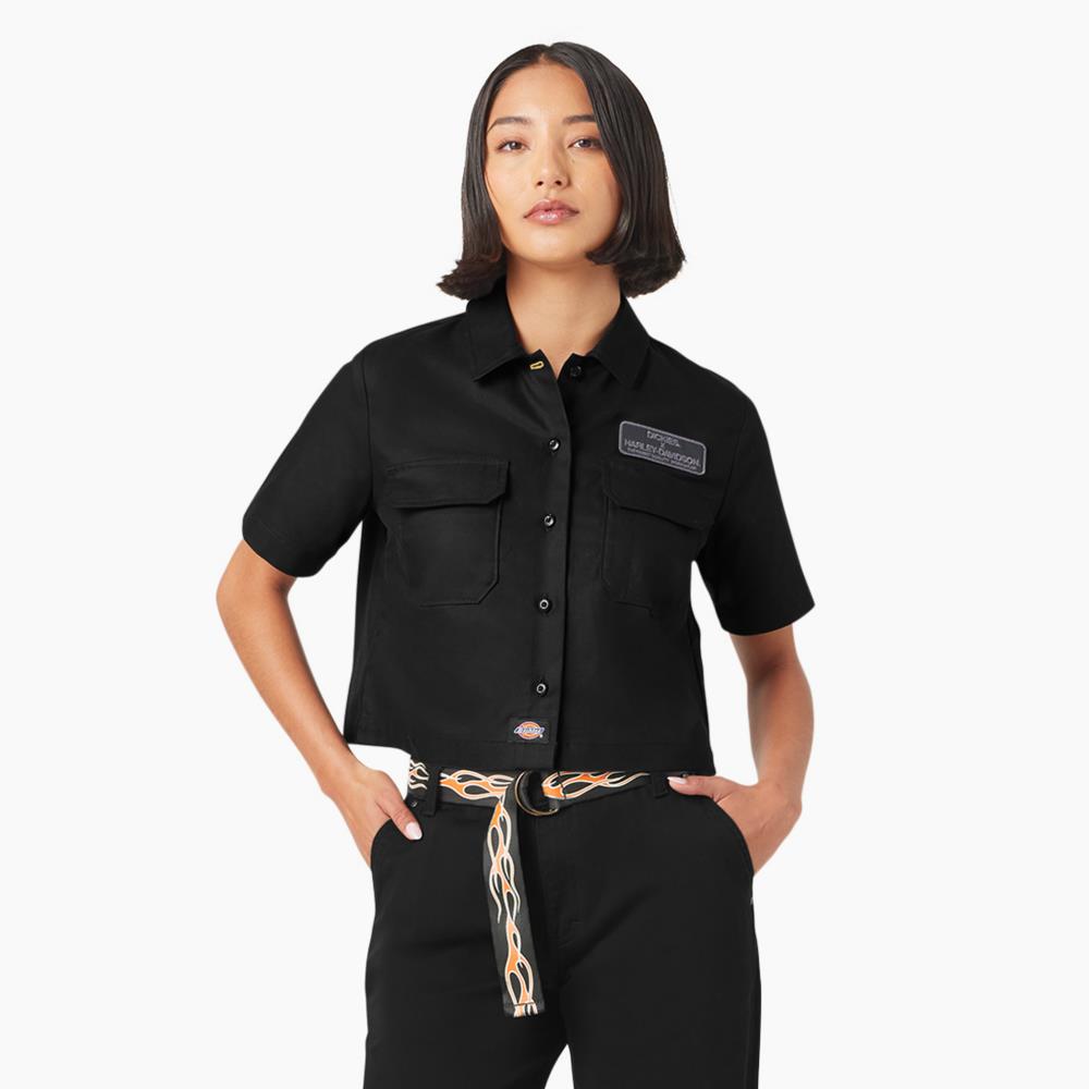 【HARLEY DAVIDSON 聯名】Dickies女款黑色天絲棉背部徽章印花寬鬆短版工裝短袖襯衫|DK0A87GNBLK