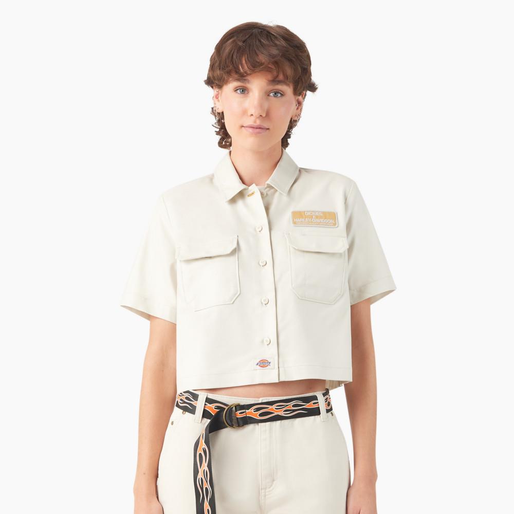 【HARLEY DAVIDSON 聯名】Dickies女款樺木銀天絲棉背部徽章印花寬鬆短版工裝短袖襯衫|DK0A87GNK91