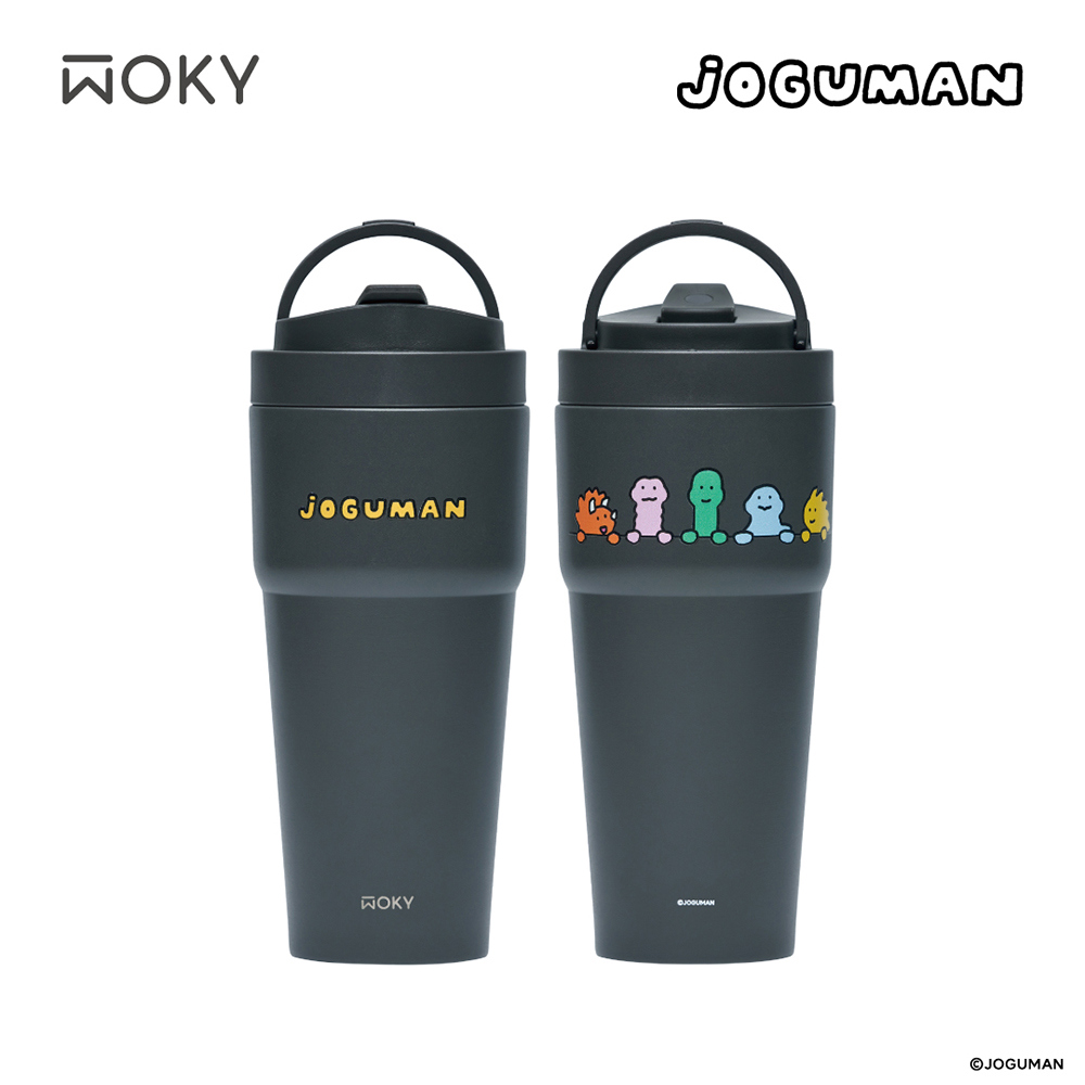 【WOKY沃廚】渾圓杯雙層陶瓷款-黑暗暖光(WOKY Meets JOGUMA，750ml附矽膠粗吸管，(灰墨))