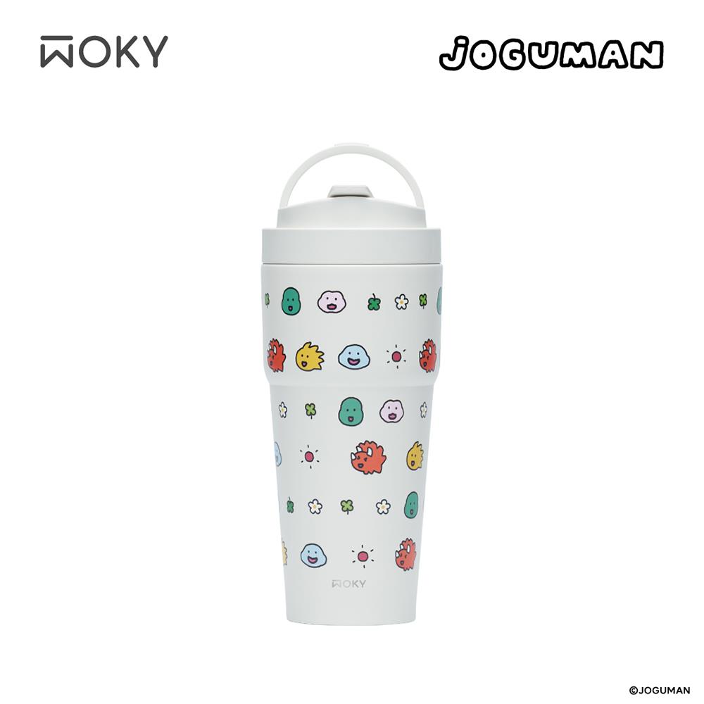 【WOKY沃廚】渾圓杯雙層陶瓷款-歡笑繚繞(WOKY Meets JOGUMA，750ml附矽膠粗吸管，(橡白))