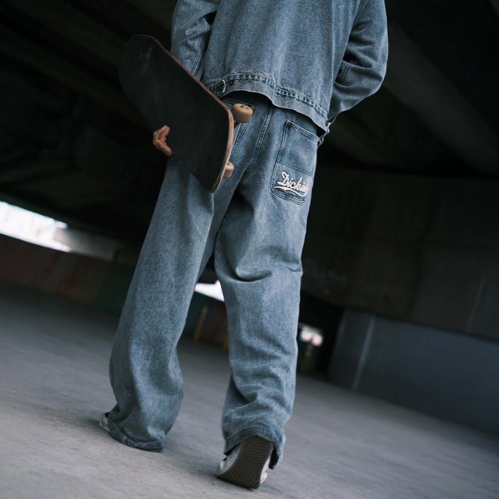Dickies男款染色丹寧純棉後口袋刺繡Logo寬鬆老爹牛仔長褲|DK0A881KL27