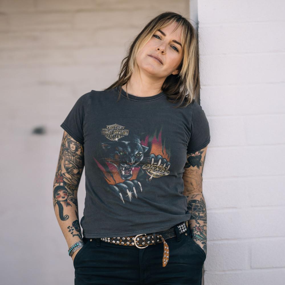【HARLEY DAVIDSON 聯名】Dickies女款黑色水洗純棉復古圖案印花休閒短袖T恤|DK0A87YNBLK