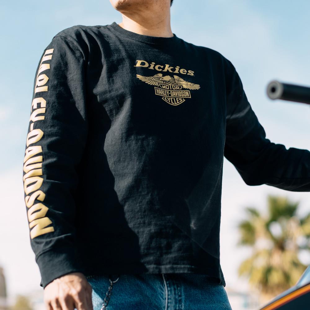 【HARLEY DAVIDSON 聯名】Dickies男款黑色純棉衣袖圖案印花設計休閒長袖T恤|DK0A87GHBLK