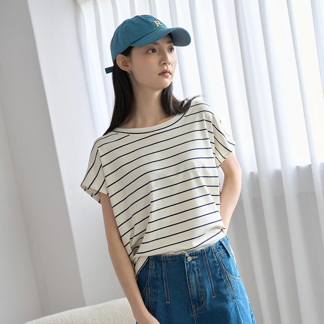 慵懶自在條紋剪裁上衣(米白)-女