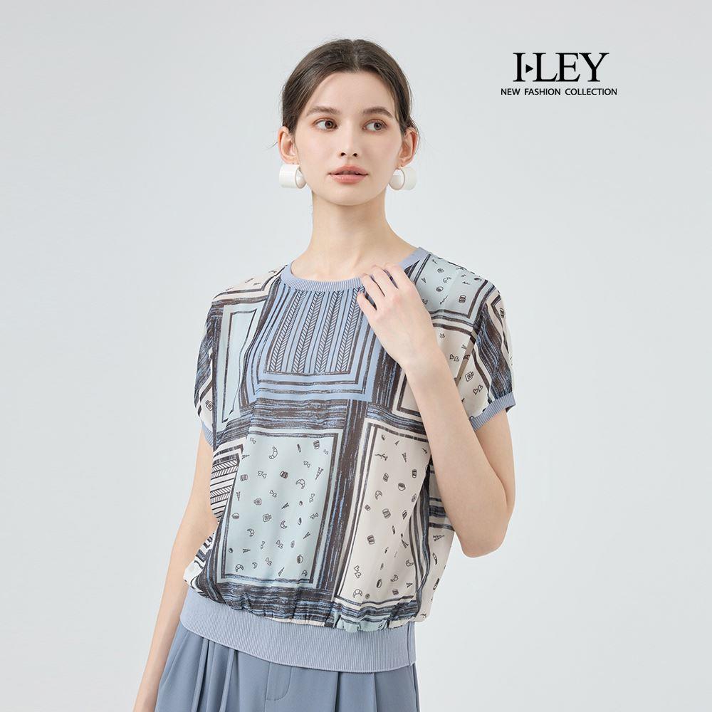 ILEY伊蕾 飛鼠袖印花雪紡上衣(淺藍；M-XL)