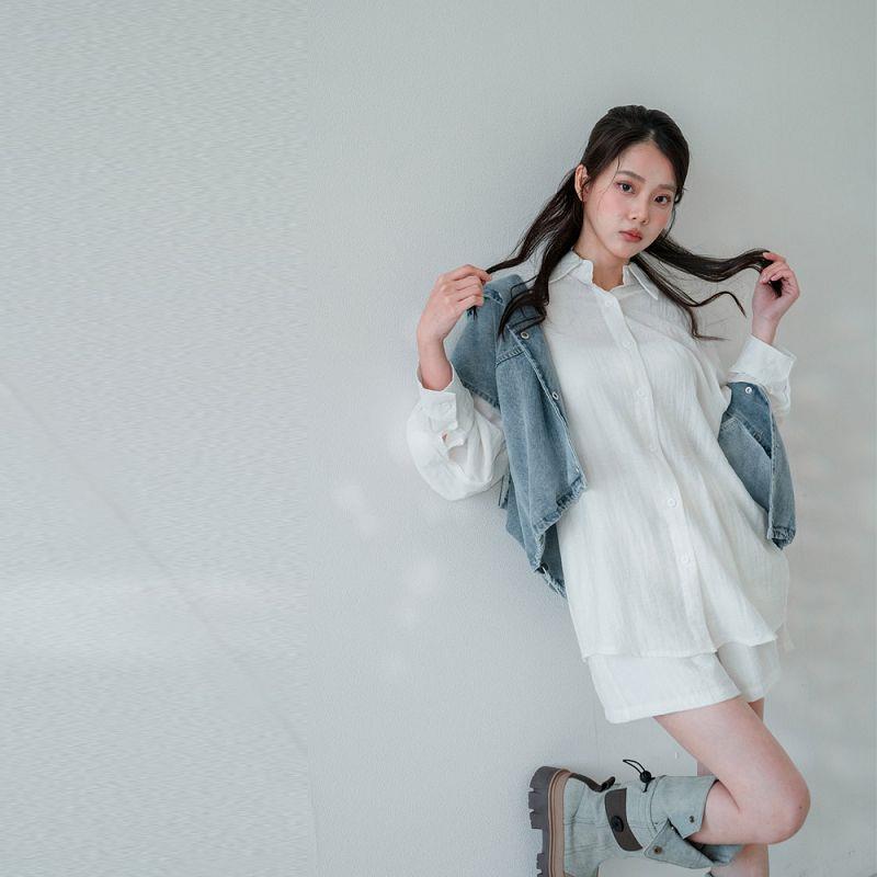 現貨★兩件套!棉麻寬鬆長袖排釦襯衫+鬆緊腰短褲(共3色)0311 【NR0120】