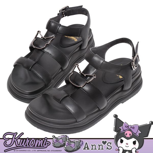 🎀買就送炫彩飲料提袋🎀Ann’S X Sanrio三麗鷗 Kuromi酷洛米聯名 大頭金屬三條帶 真皮小香厚底涼鞋4cm-黑