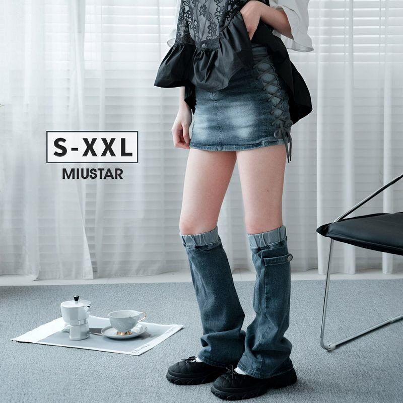 現貨★兩件式！設計感穿繩刷色牛仔裙+牛仔襪套(共1色，S-XXL)0318 【NR0180】