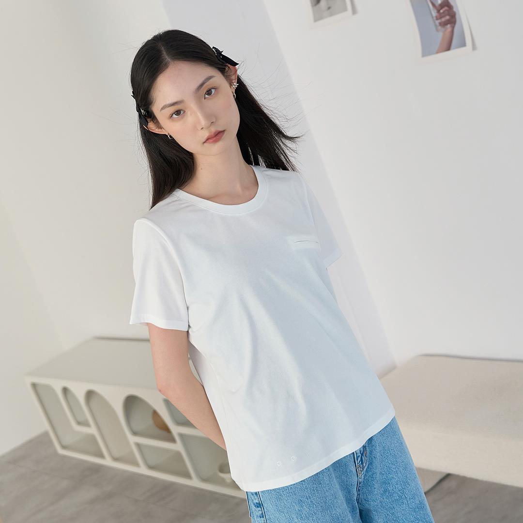 清爽親膚假口袋短TEE(米白)-女【Hi Cool涼感布】