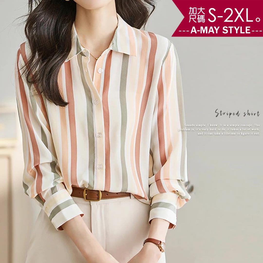中大尺碼女裝 上衣 復古繽紛條紋修身長袖襯衫(S-2XL)【XML250240】＊艾美時尚(現+預)