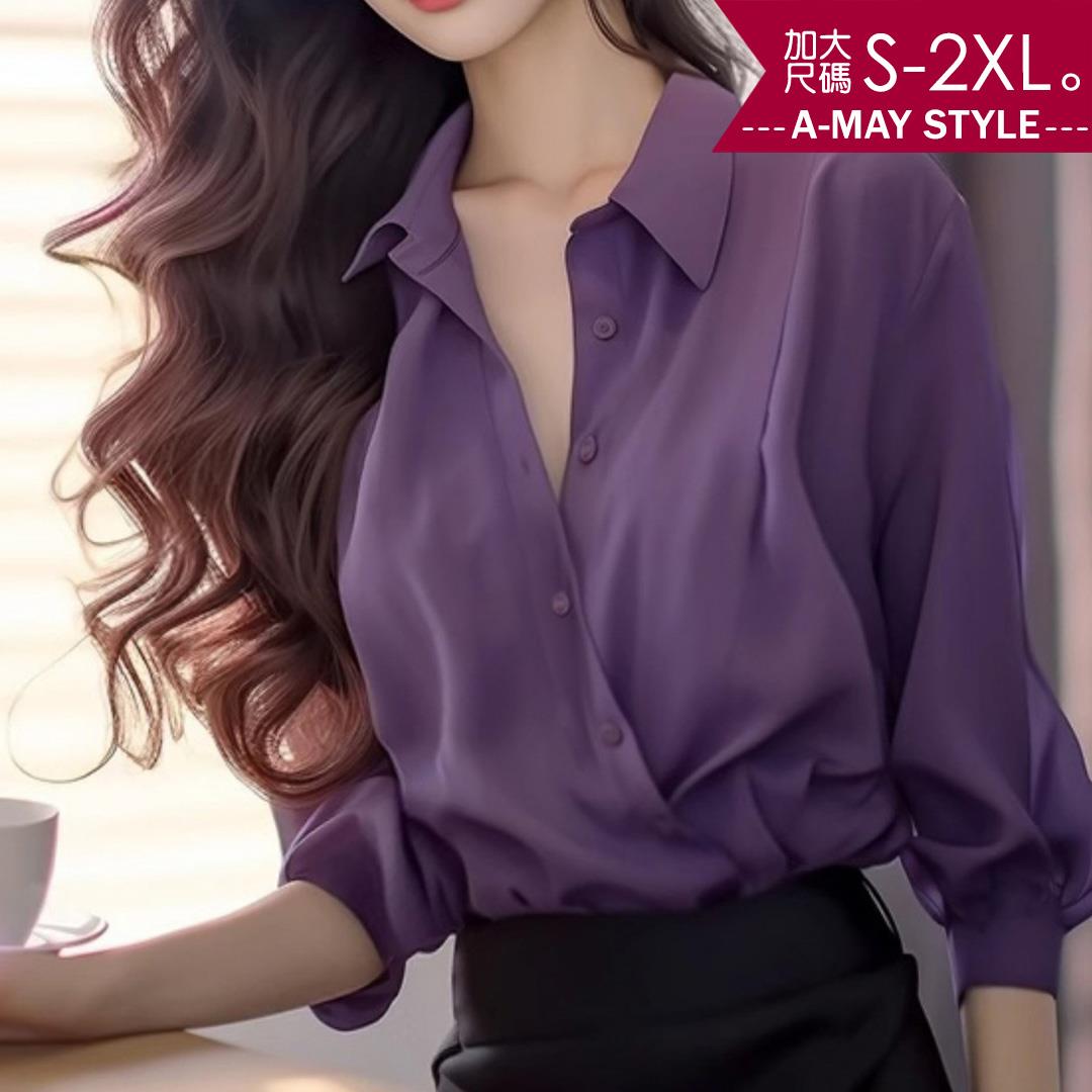 中大尺碼女裝 上衣 高級感優雅修身燈籠袖襯衫(S-2XL)【XAL250239】＊艾美時尚(現+預)