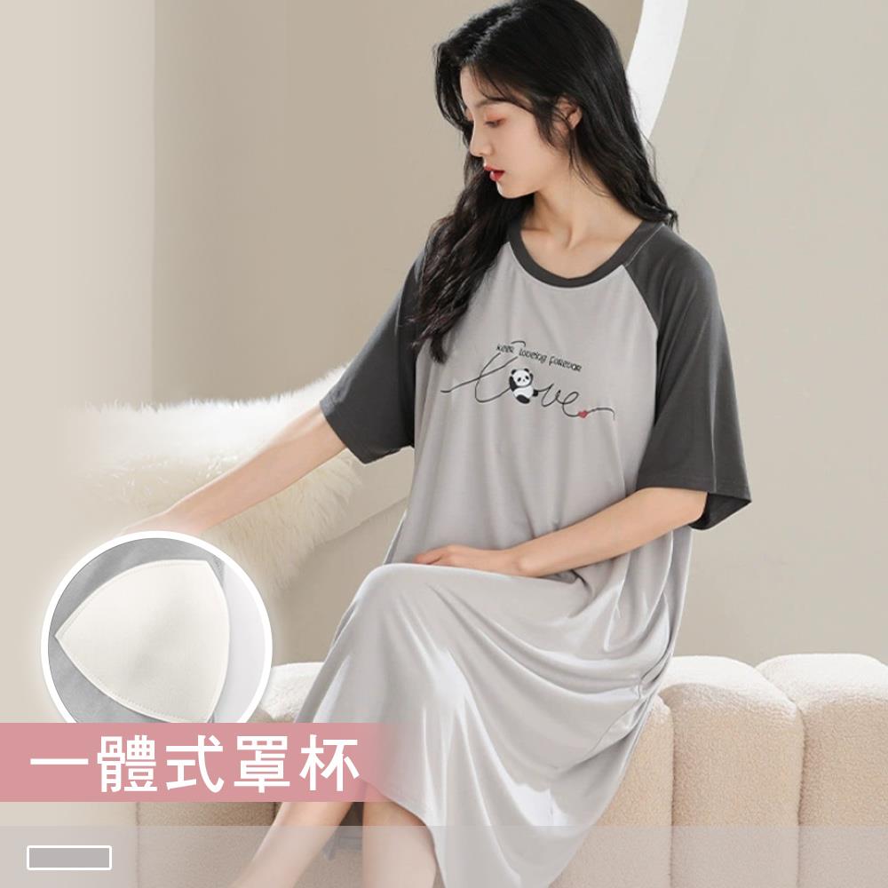 連身睡裙【罩杯式】俏皮熊貓 印花撞色圓領外穿短袖睡衣 居家服 22353