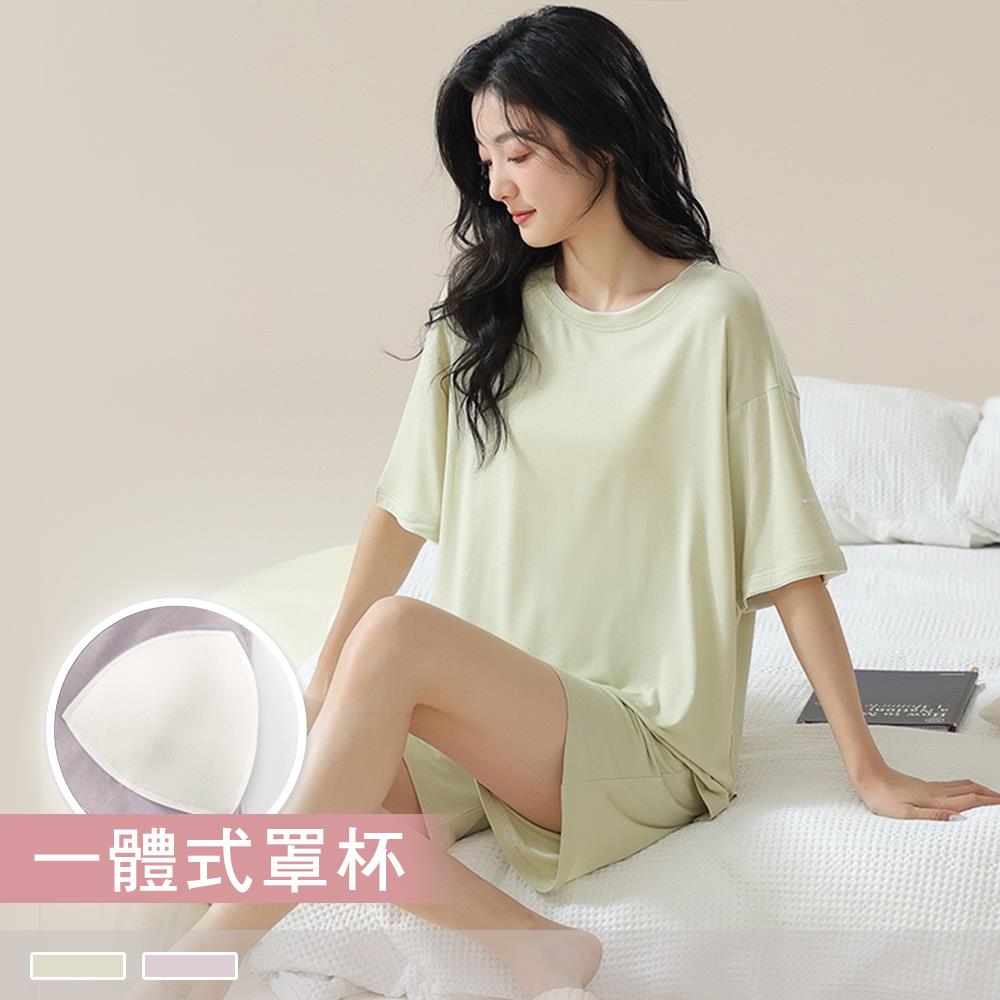 莫代爾成套睡衣【罩杯式】生活小曲 滾邊素色短袖短褲 居家服 25475