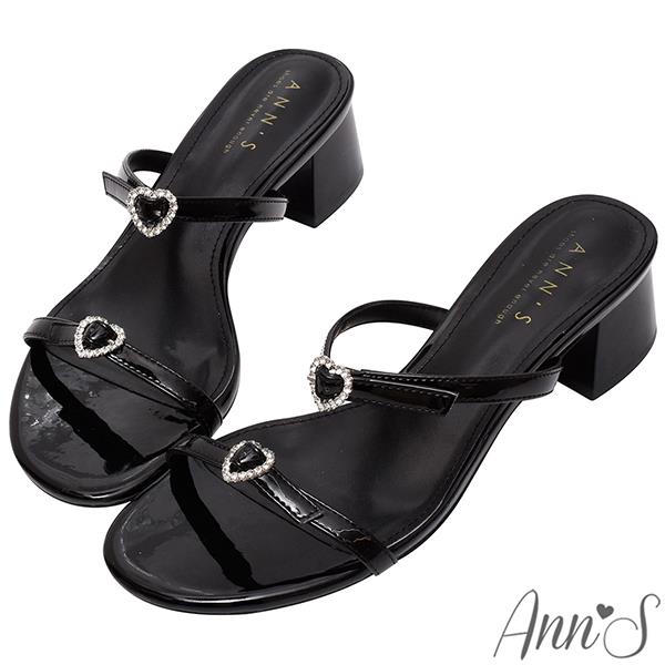 Ann’S公主的日常夏季-雙帶愛心鑽石粗跟涼拖鞋4cm-黑
