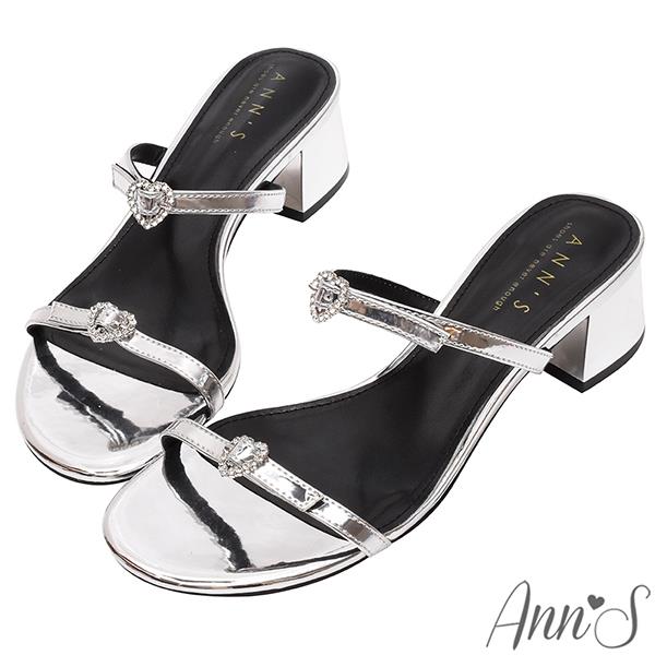 Ann’S公主的日常夏季-雙帶愛心鑽石粗跟涼拖鞋4cm-銀