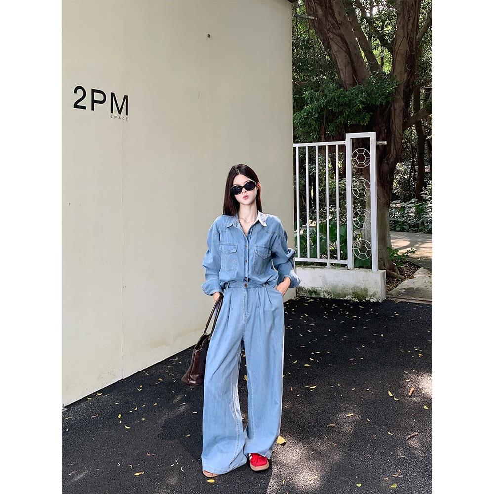 【missy shop】酷帥潮流寬鬆牛仔襯衫長褲套裝-79104