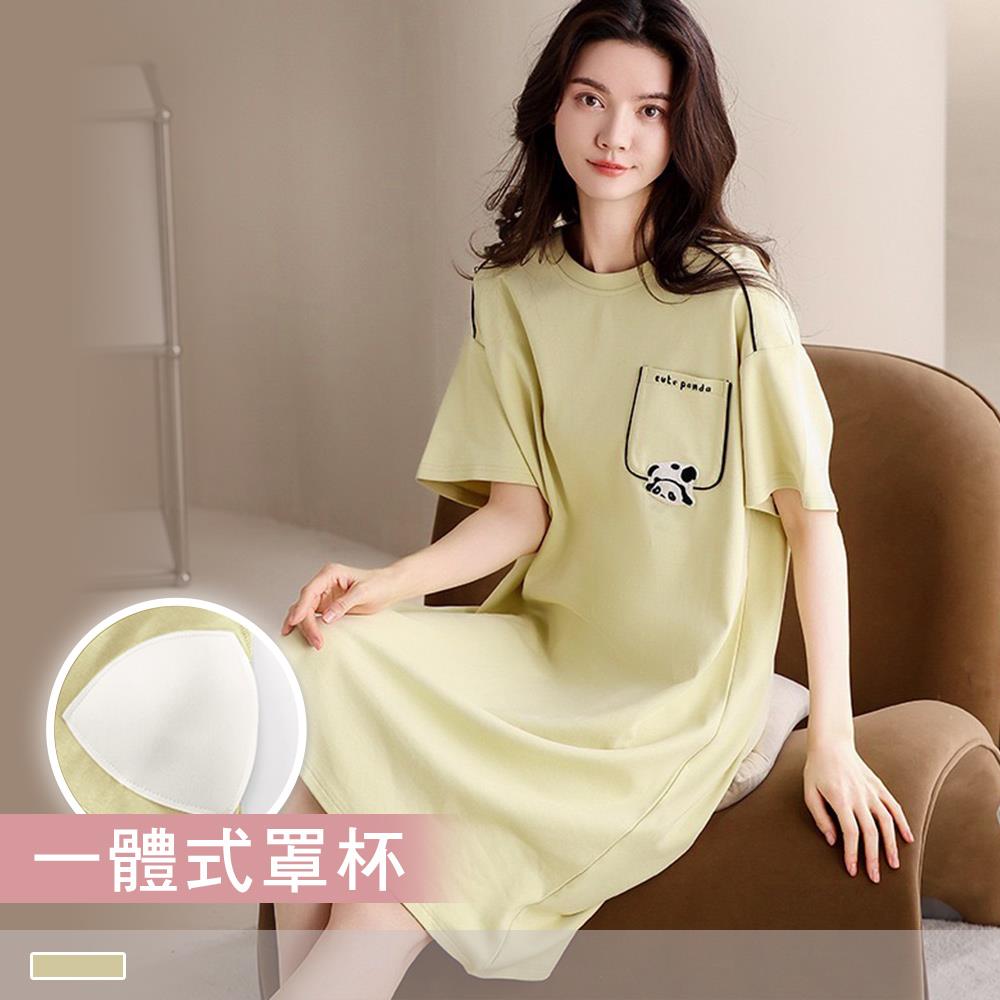 純棉連身睡裙【罩杯式】翻滾熊貓 印花圓領外穿短袖睡衣 居家服 55120