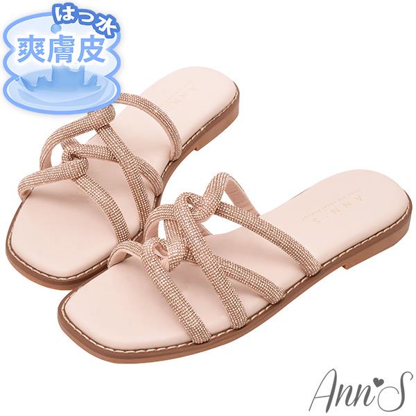 Ann’S防潑水爽膚皮-華麗編織鑽條方頭涼拖鞋1.5cm-玫瑰金