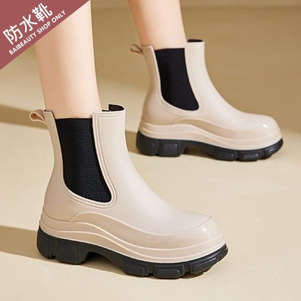 【35-41全尺碼】短靴．街頭漆皮皮革拼接切爾西防水厚底雨靴．白鳥麗子