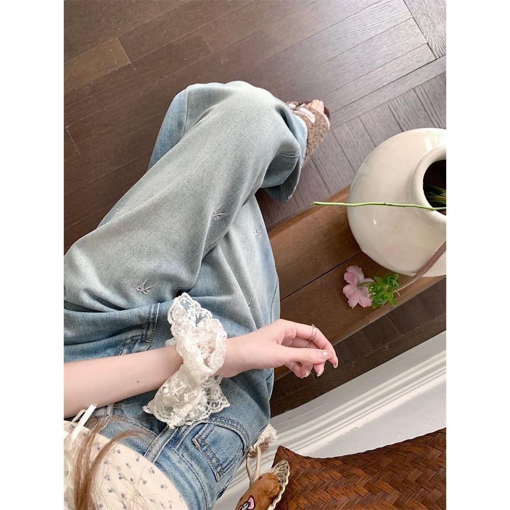 【missy shop】直順修長蝴蝶結刺繡牛仔褲-79949