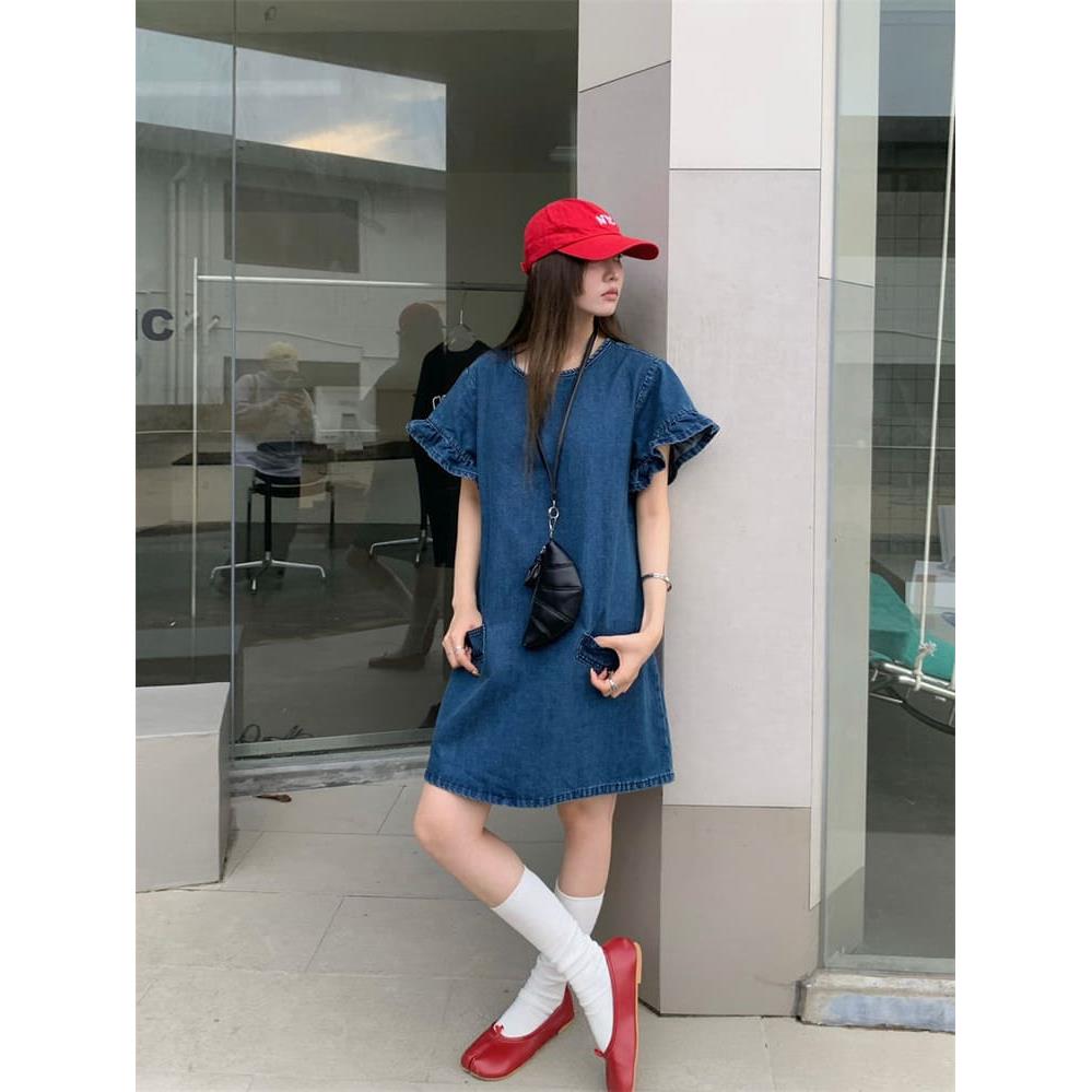 【missy shop】活力滿點荷葉袖牛仔連身洋裝-80155