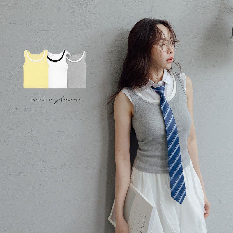 現貨★U領假兩件乳膠杯墊內胸托撞色坑條棉背心(共3色)0408 【NR0380】