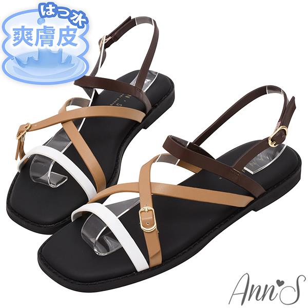 🎁買就送鞋撐🎁Ann’S防潑水爽膚皮-漸層色美式交叉細帶方頭涼拖鞋1.5cm-咖