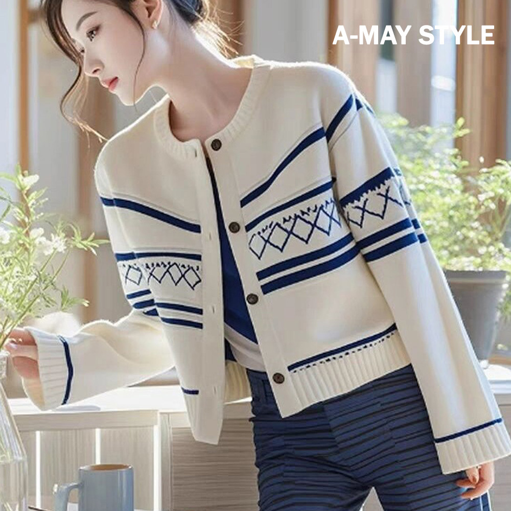 針織衫 氣質圓領韓系圖騰印花針織外套【XAM050242】＊艾美時尚(現 預)