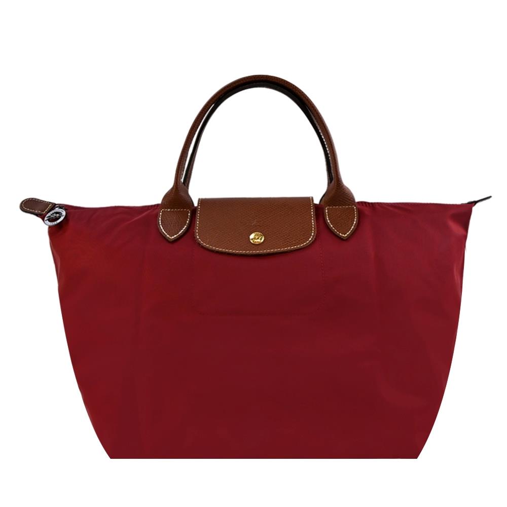 【LONGCHAMP】中夕陽紅短把再生尼龍摺疊水餃包(中／夕陽紅，約長３０ｃｍ，高２８ｃｍ，底寬２０ｃｍ)