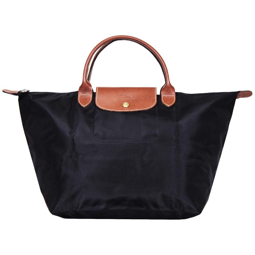 【LONGCHAMP】F中/黑短把尼龍摺疊水餃包(中／黑＿Ｆ，約長上４５／下２９＊　寬２０＊高２８ｃｍ)